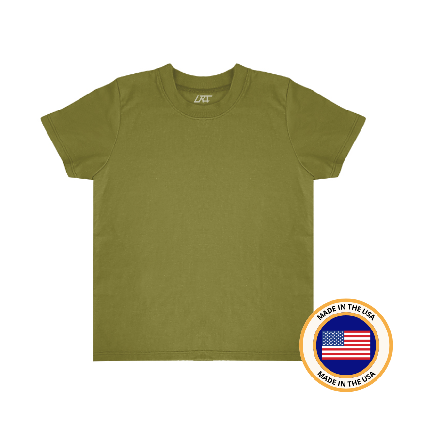 Military green RAD Organics cotton tee, made in the USA.
