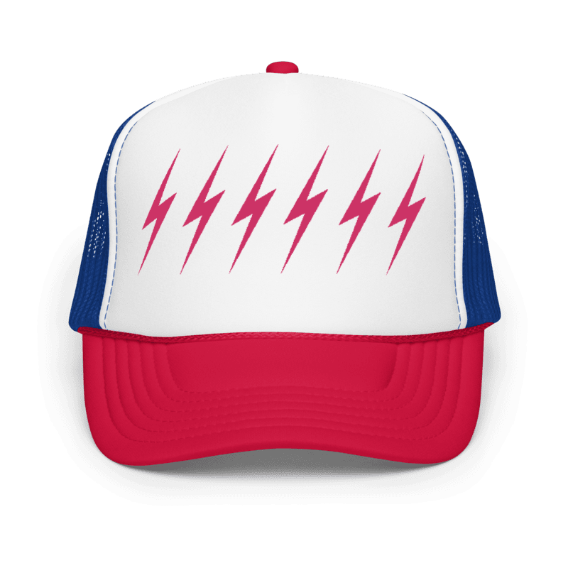 Americana trucker hat with six pink bolt embroidery on a white foam front.