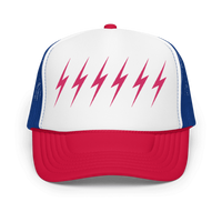 Americana trucker hat with six pink bolt embroidery on a white foam front.