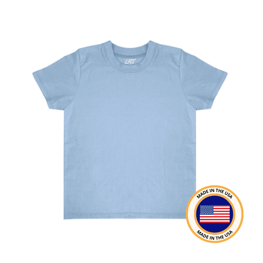 RAD Organics cloud blue cotton tee shirt with 'Made in USA' badge