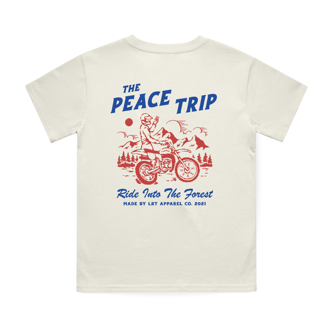 Vintage cream Peace Trip Tee, back view with red motorcycle graphic.