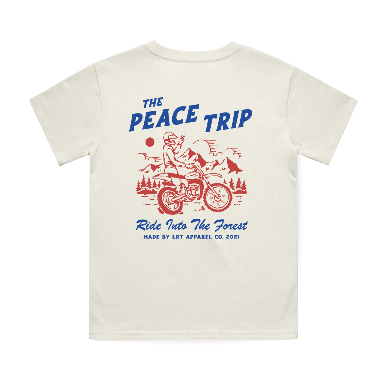 Vintage cream Peace Trip Tee, back view with red motorcycle graphic.
