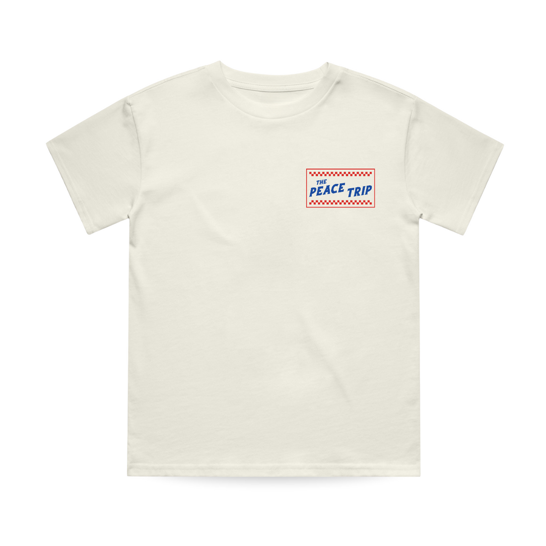 Vintage cream Peace Trip Tee, front view with small graphic on chest.