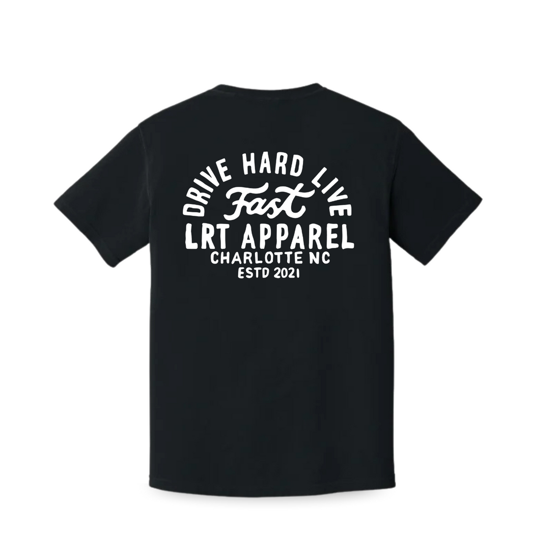 Back of black Apex graphic tee with 'Drive Hard Live Fast' design.