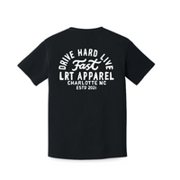 Back of black Apex graphic tee with 'Drive Hard Live Fast' design.
