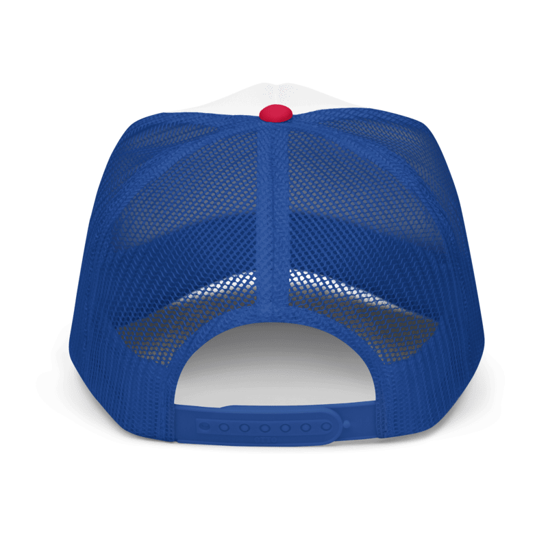 Back view of Americana trucker hat with blue mesh and adjustable snap closure.