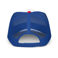 Back view of Americana trucker hat with blue mesh and adjustable snap closure.