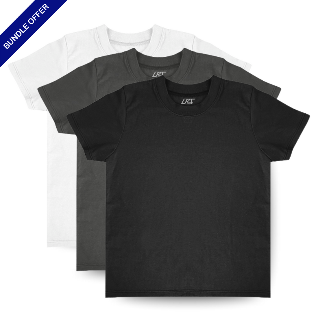 Monochrome 3-pack of organic cotton tees in black, grey, and white.
