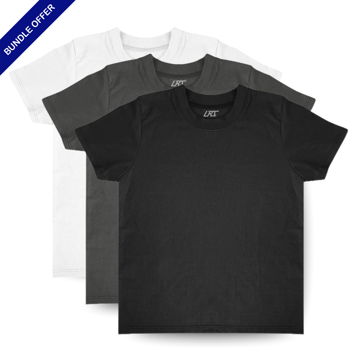 Monochrome 3-pack of organic cotton tees in black, grey, and white.