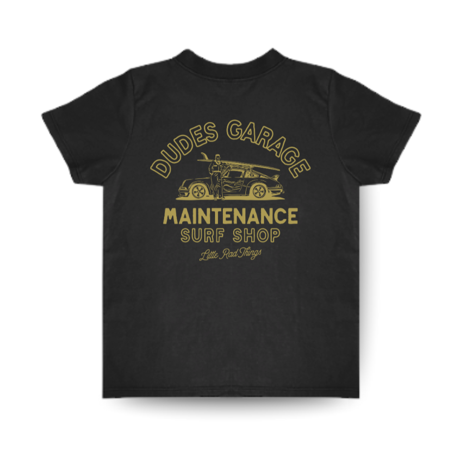 Dudes Garage black tee with gold vintage car graphic.