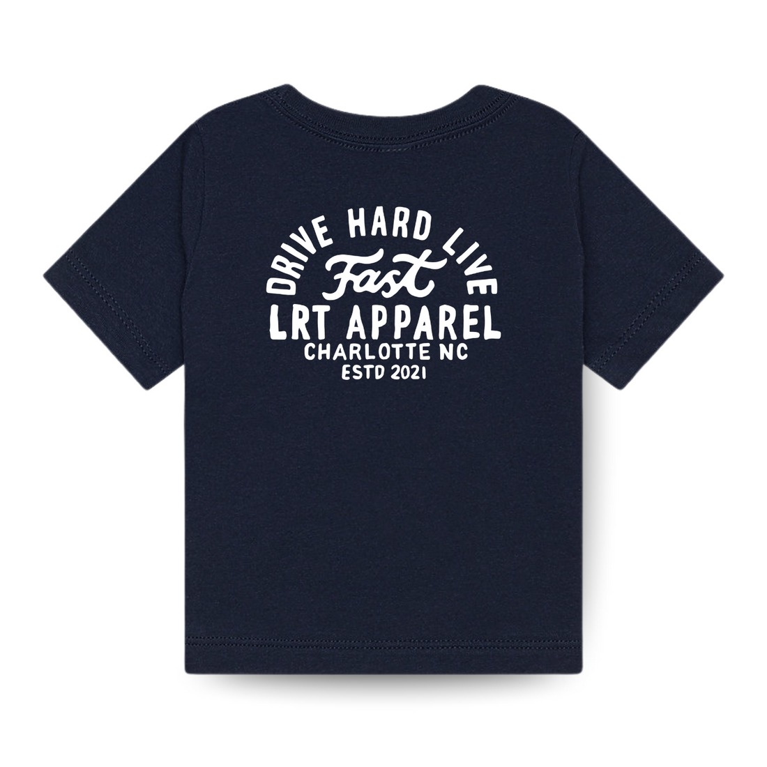 Back view of APEX LIVE FAST TEE in navy with white graphic text.