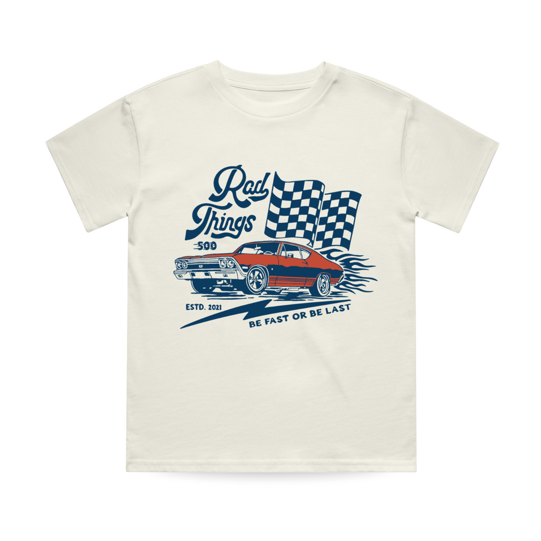 Natural cream Rad Things 500 tee with race car graphic.