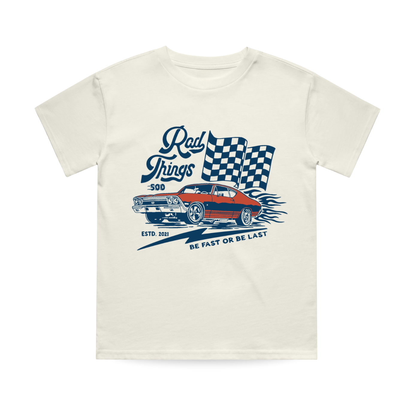 Natural cream Rad Things 500 tee with race car graphic.