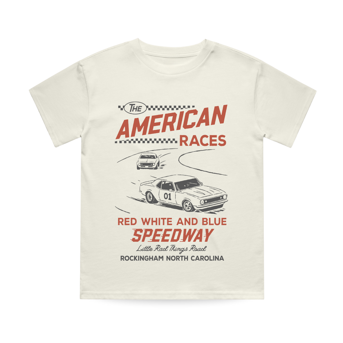 The All American Races Tee in cream color, featuring a vintage race car graphic.