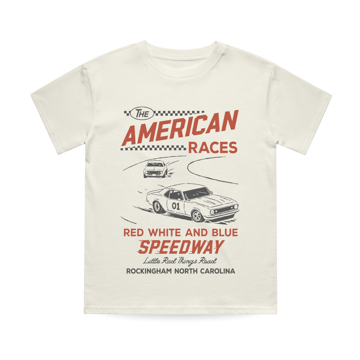 The All American Races Tee in cream color, featuring a vintage race car graphic.