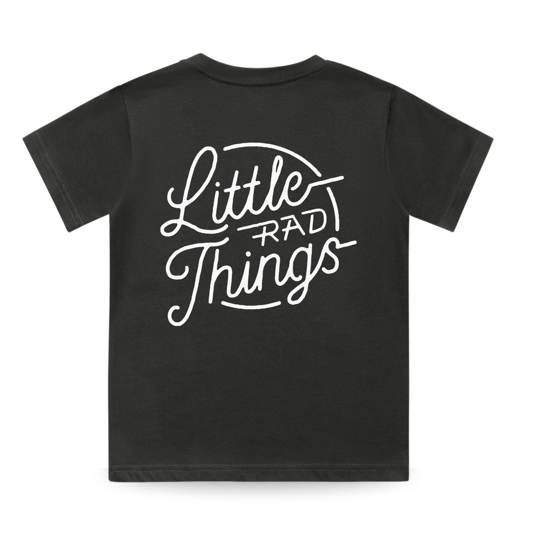 Back of smoke RAD CIRCLE LOGO TEE featuring 'Little Rad Things' graphic.