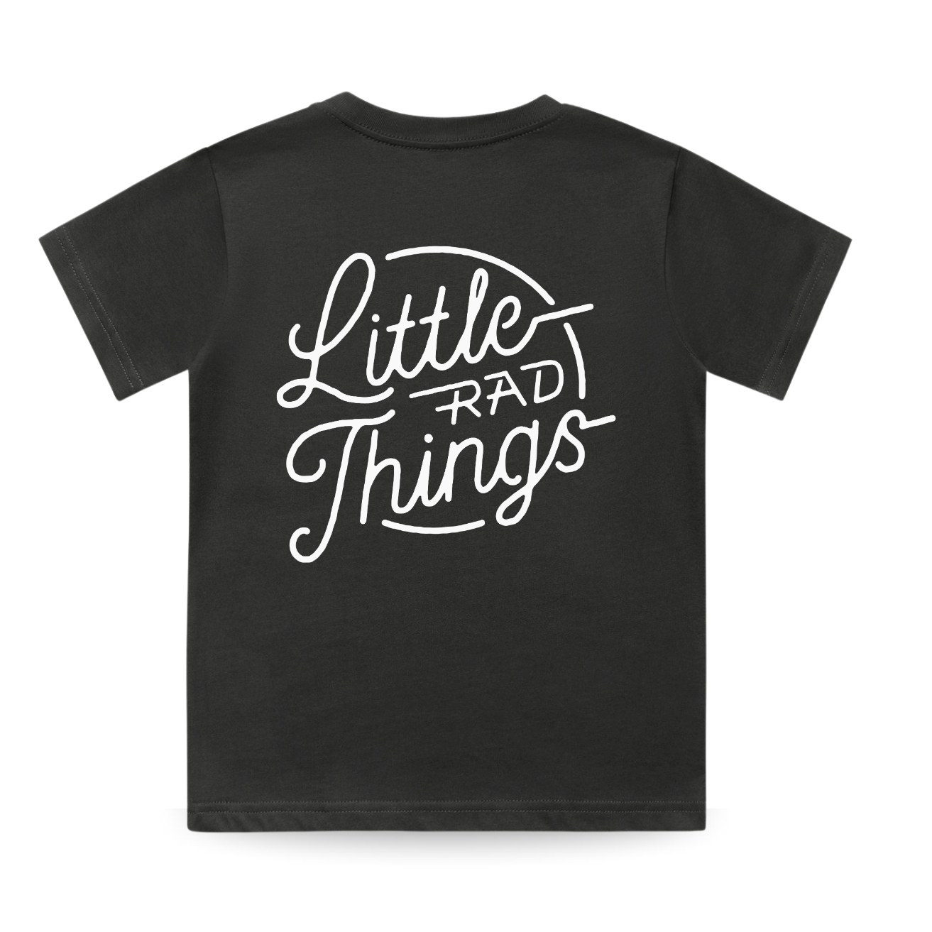Back of smoke RAD CIRCLE LOGO TEE featuring 'Little Rad Things' graphic.