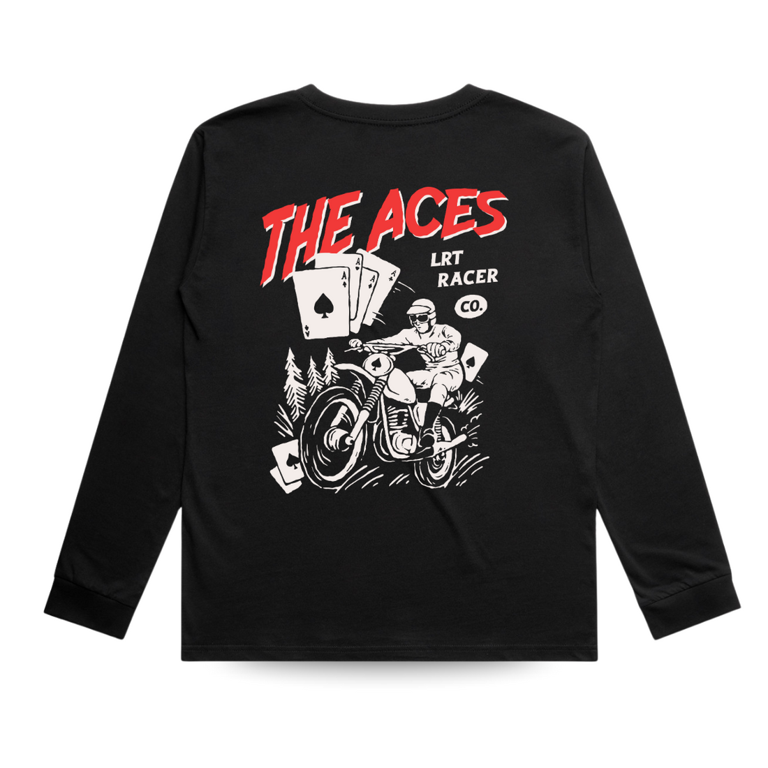 Black long sleeve shirt with 'The Aces LRT Racer' graphic featuring a motorcycle rider and playing cards.