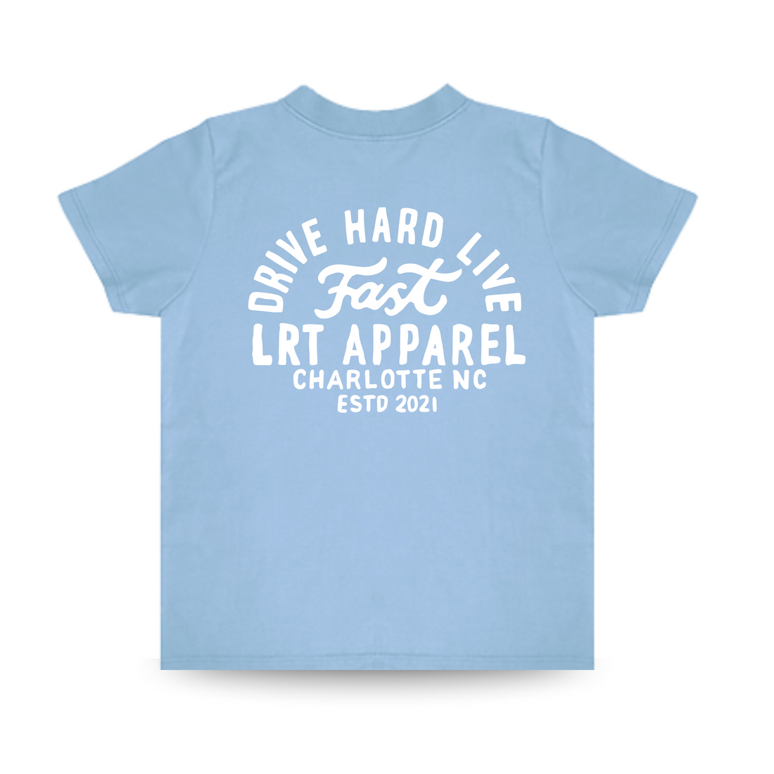Back view of APEX LIVE FAST tee in cloud blue with white text design.