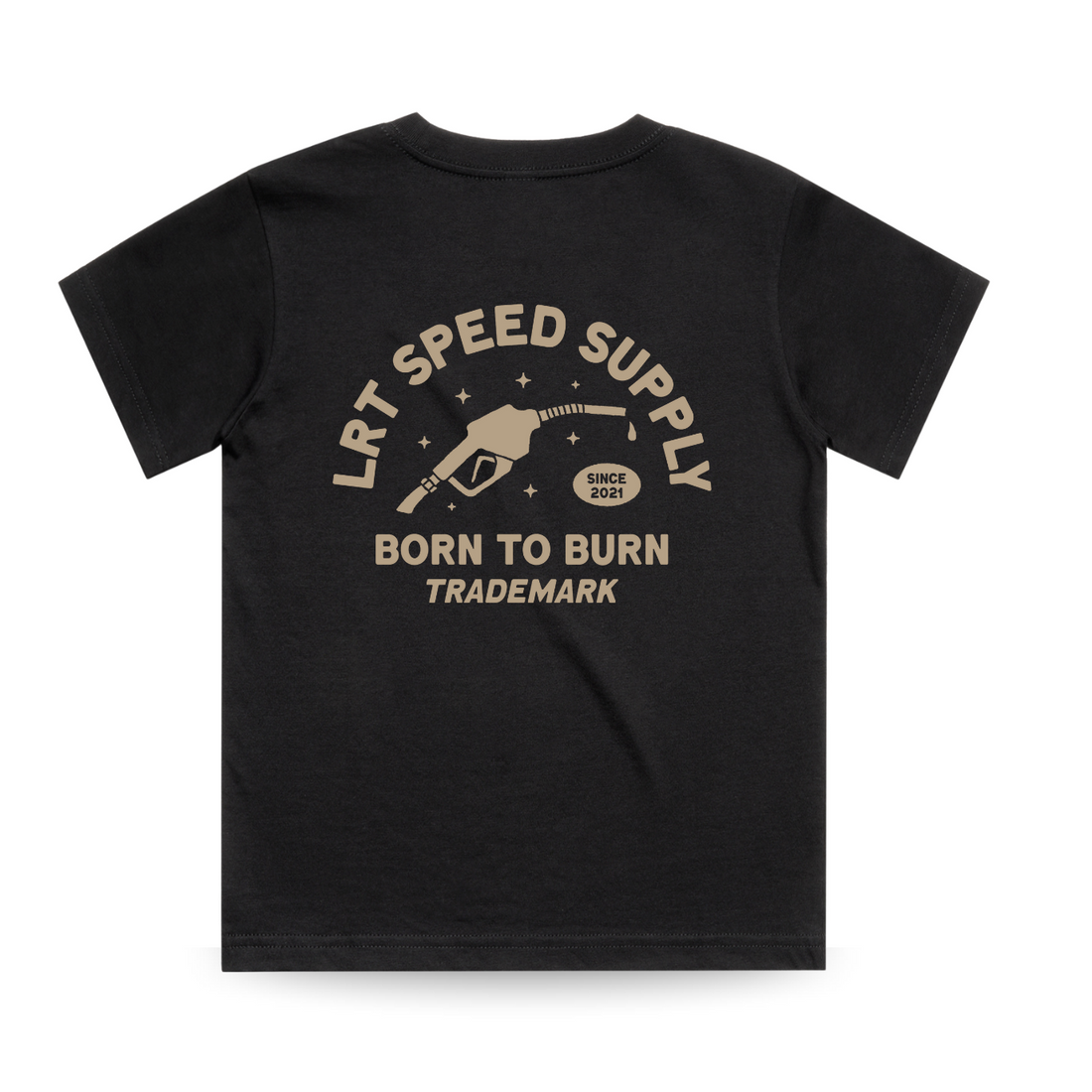 Back of black Speed Supply Tee with beige graphic of gas pump and 'Born to Burn' text.