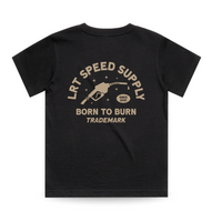 Back of black Speed Supply Tee with beige graphic of gas pump and 'Born to Burn' text.