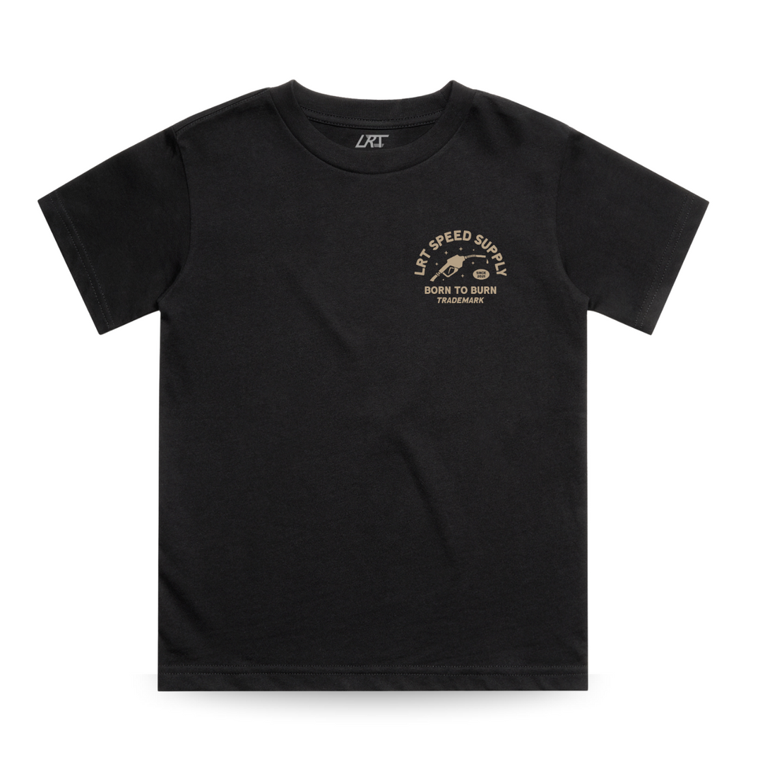 Front of black Speed Supply Tee with small beige logo on the chest.