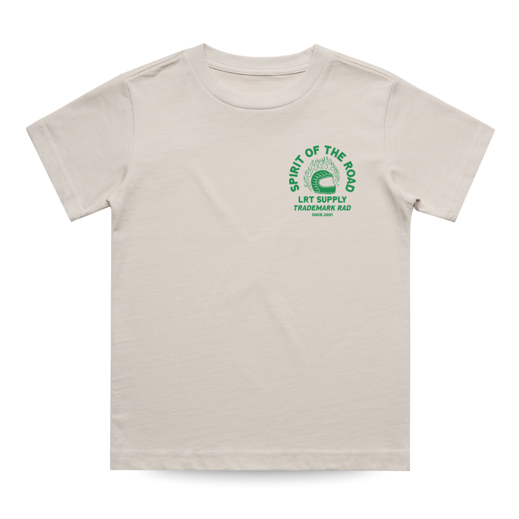 Bone-colored Spirit Rider Tee with bold green rider graphic. Soft cotton, tag-free neckline.