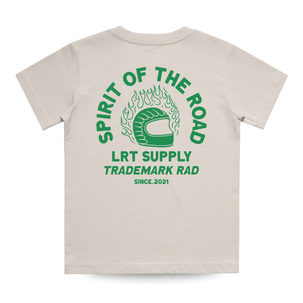 The Spirit Rider Tee in bone color, featuring a green vintage-inspired graphic on the back.