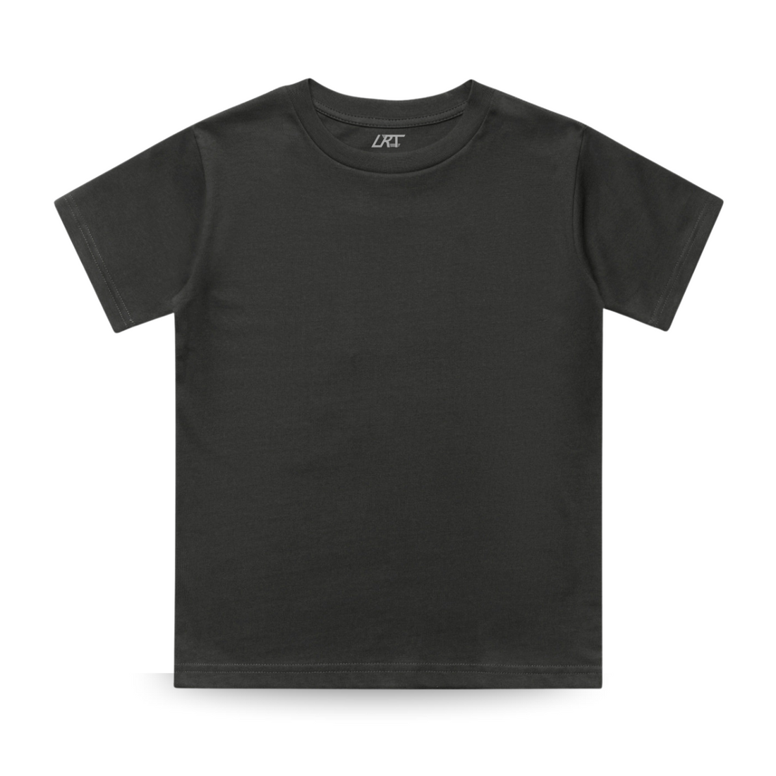 RAD Organics dark gray cotton tee shirt for kids, front view.