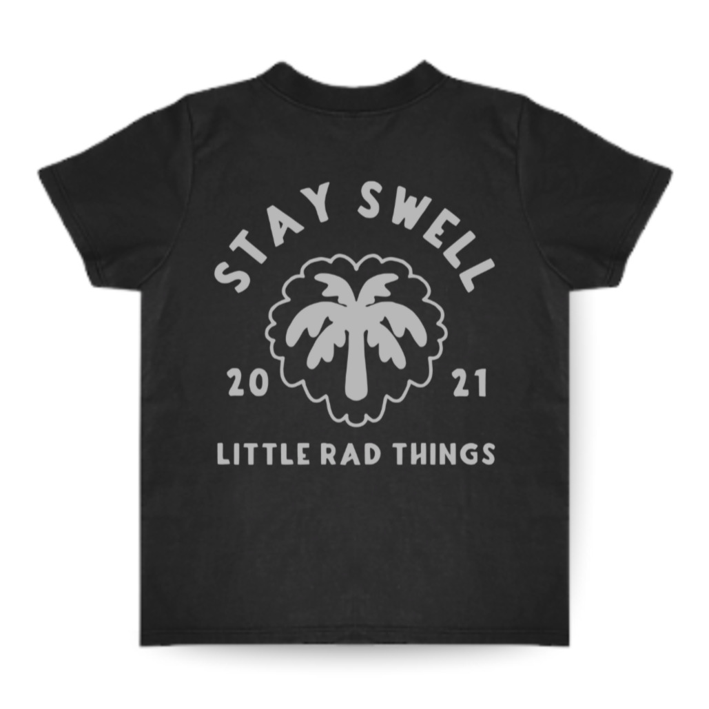 Back of black Stay Swell tee with palm tree graphic