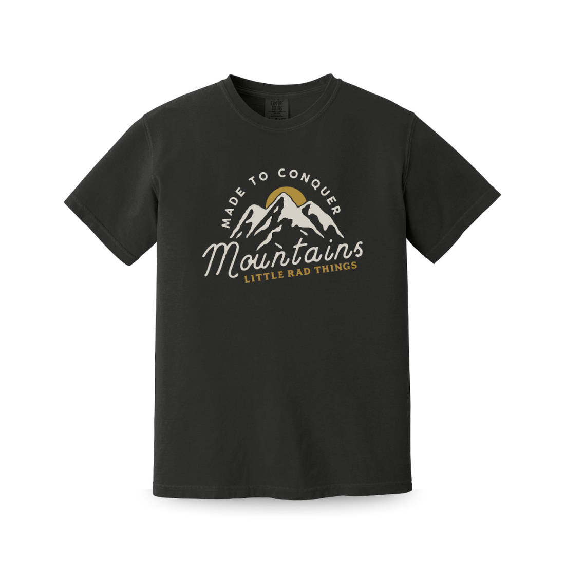 Black Adult Made To Conquer Tee with mountain graphic