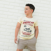 The All American Races Tee, cream color, vintage race car design.