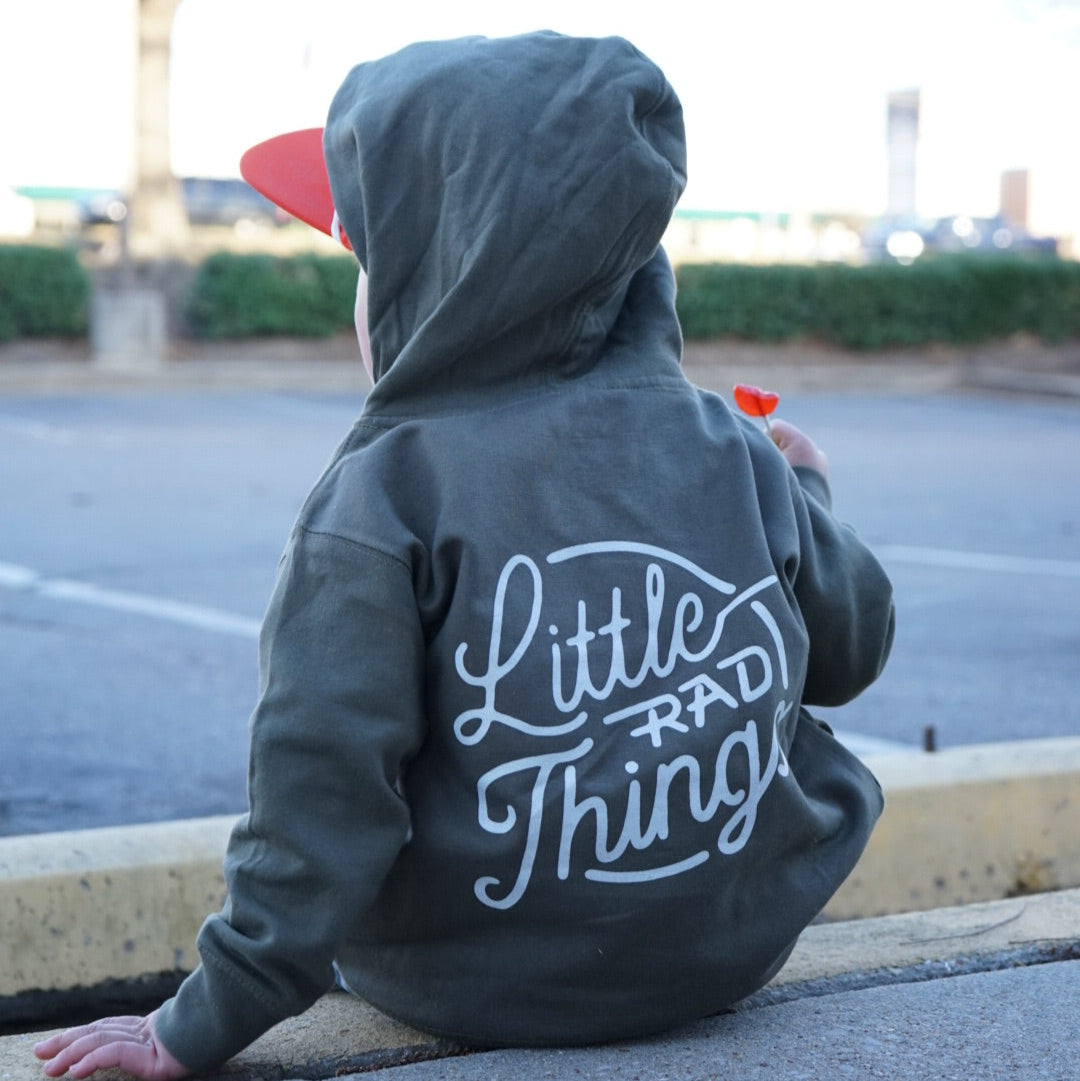 Army green Radiator Hoodie with 'Little Rad Things' design on back.