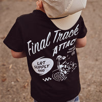 Close-up of Final Track Attack Tee back graphic on a boy.