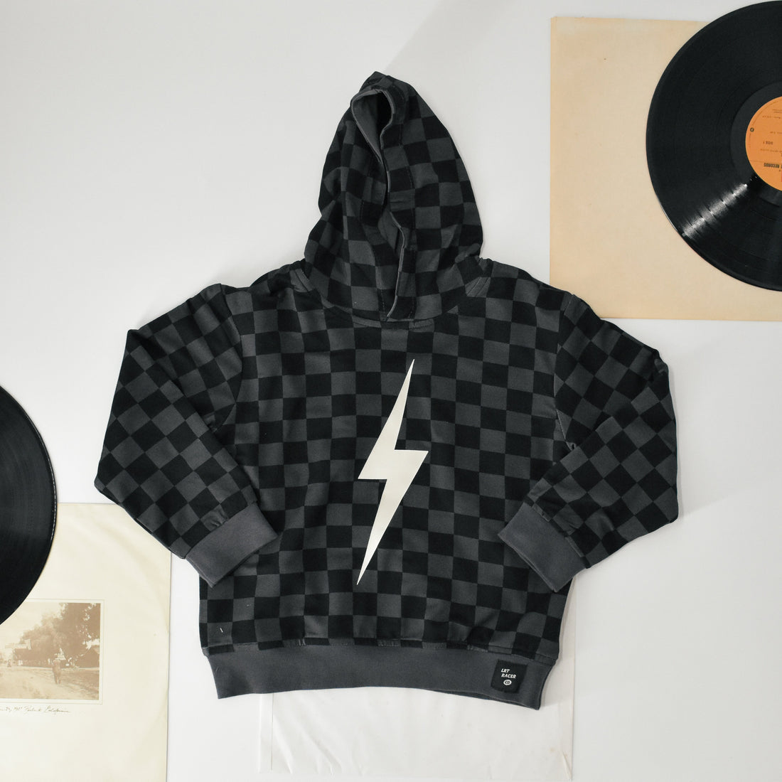 Checkerboard bamboo hoodie for infants and toddlers.
