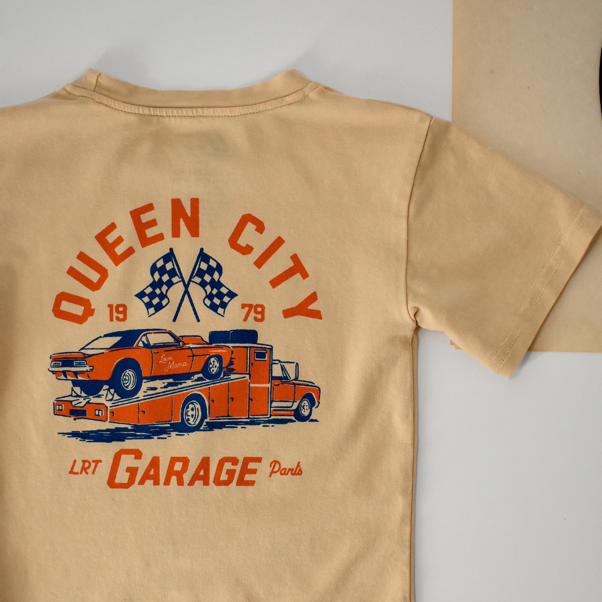 Queen City Garage Tee - Vintage Cream back detail with race car graphic.