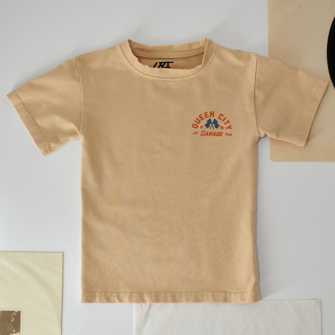Queen City Garage Tee - Vintage Cream toddler tee with retro racing graphic.
