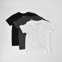Rad Organics 3-pack tees in black, dark grey, and white.