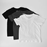 Black, dark grey, and white Rad Organics tee shirts.