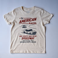 Cream colored The All American Races Tee with car graphic.