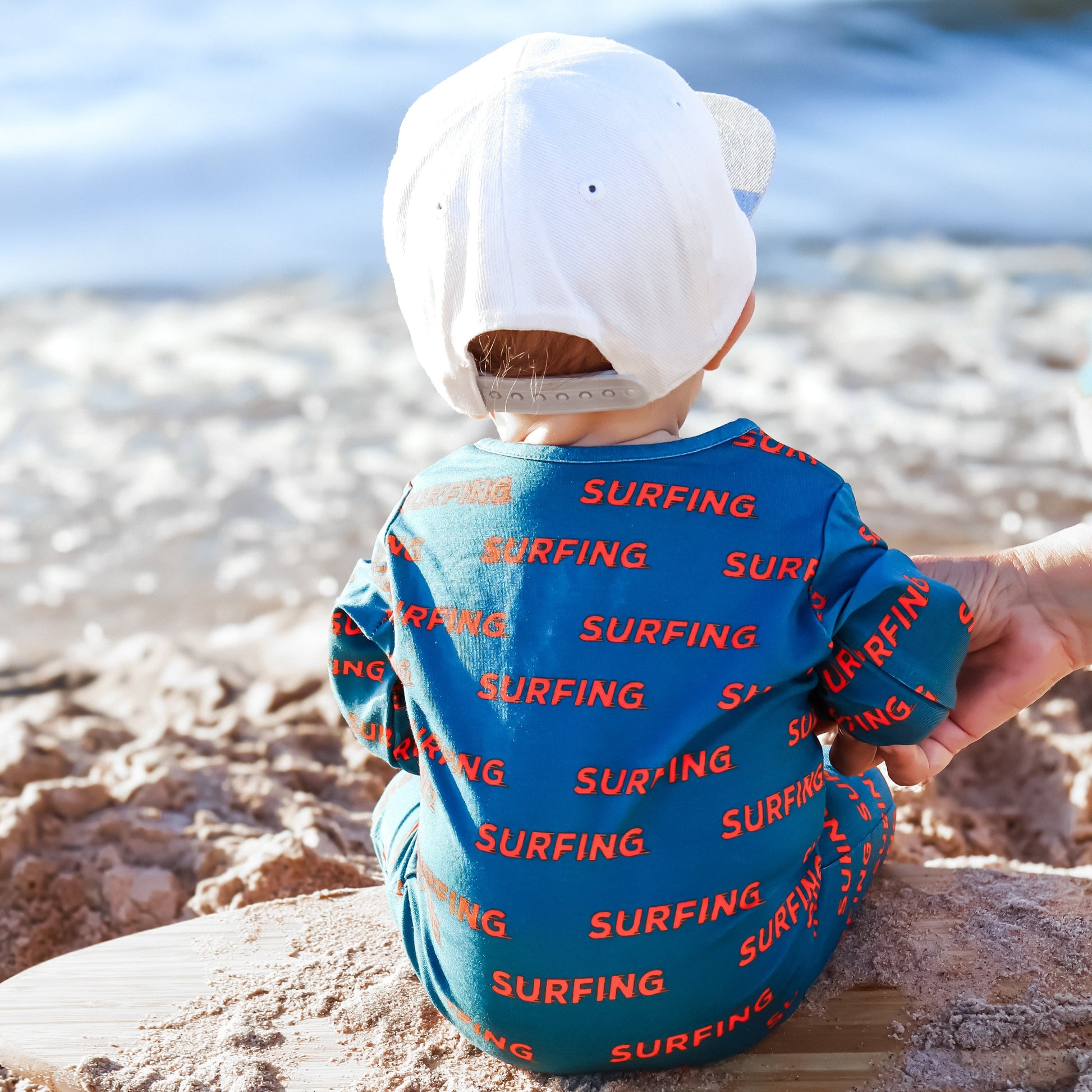 Ocean Cubs Wear Pipeline Dreams double zip footless sleeper, surfing print.