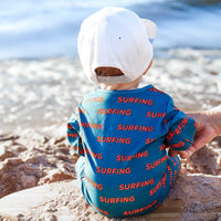 Ocean Cubs Wear Pipeline Dreams double zip footless sleeper, surfing print.