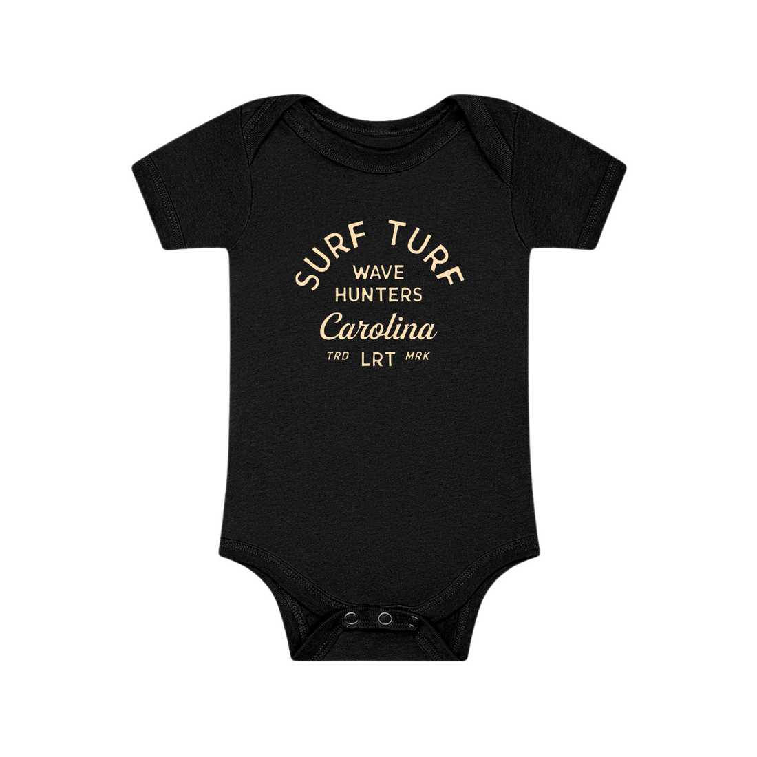 Black Wave Hunter Onesie close-up showing the Surf Turf Carolina graphic.