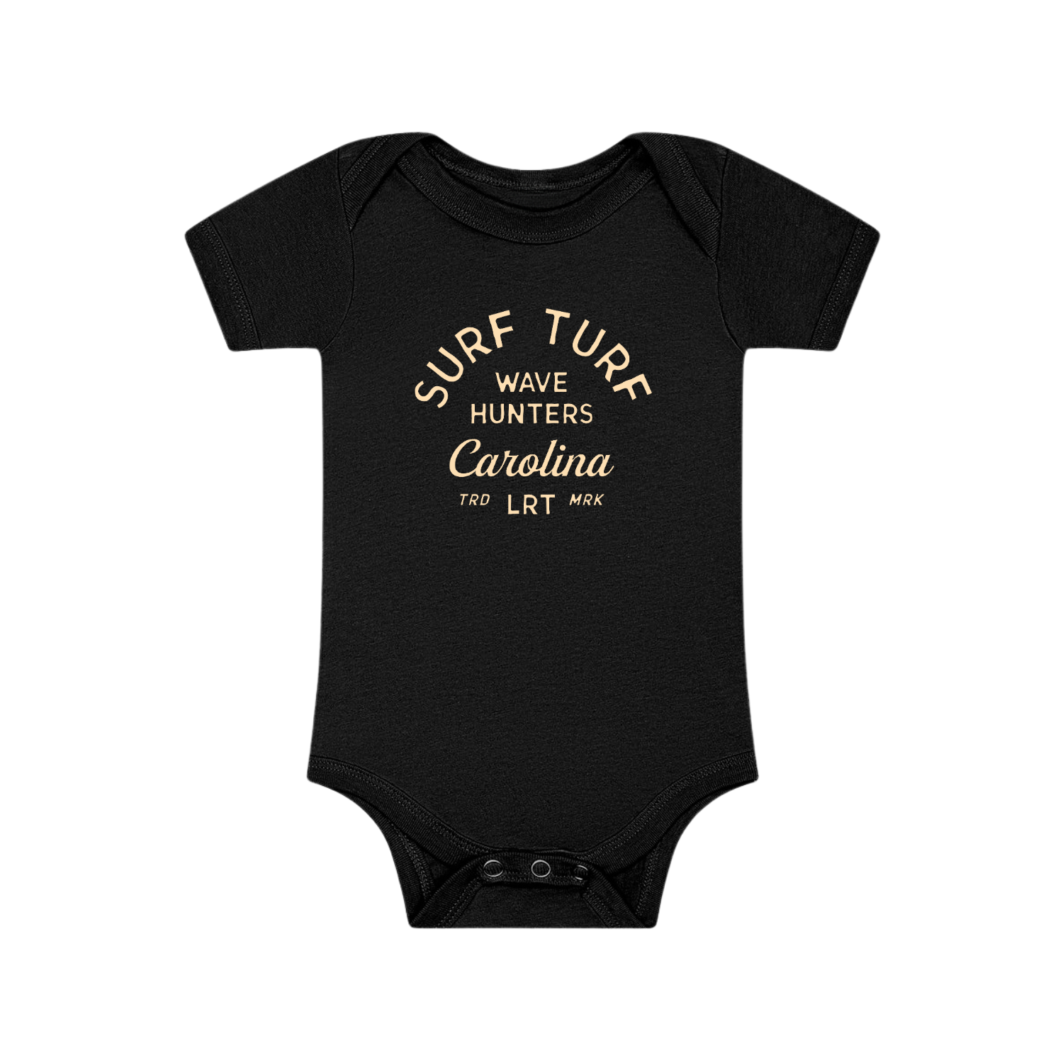 Black Wave Hunter Onesie close-up showing the Surf Turf Carolina graphic.
