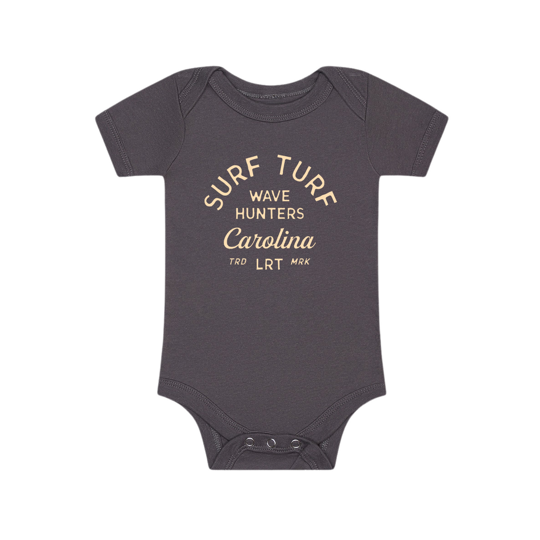 Modern grey Wave Rider Onesie for rad kids with 'Surf Turf' graphic.