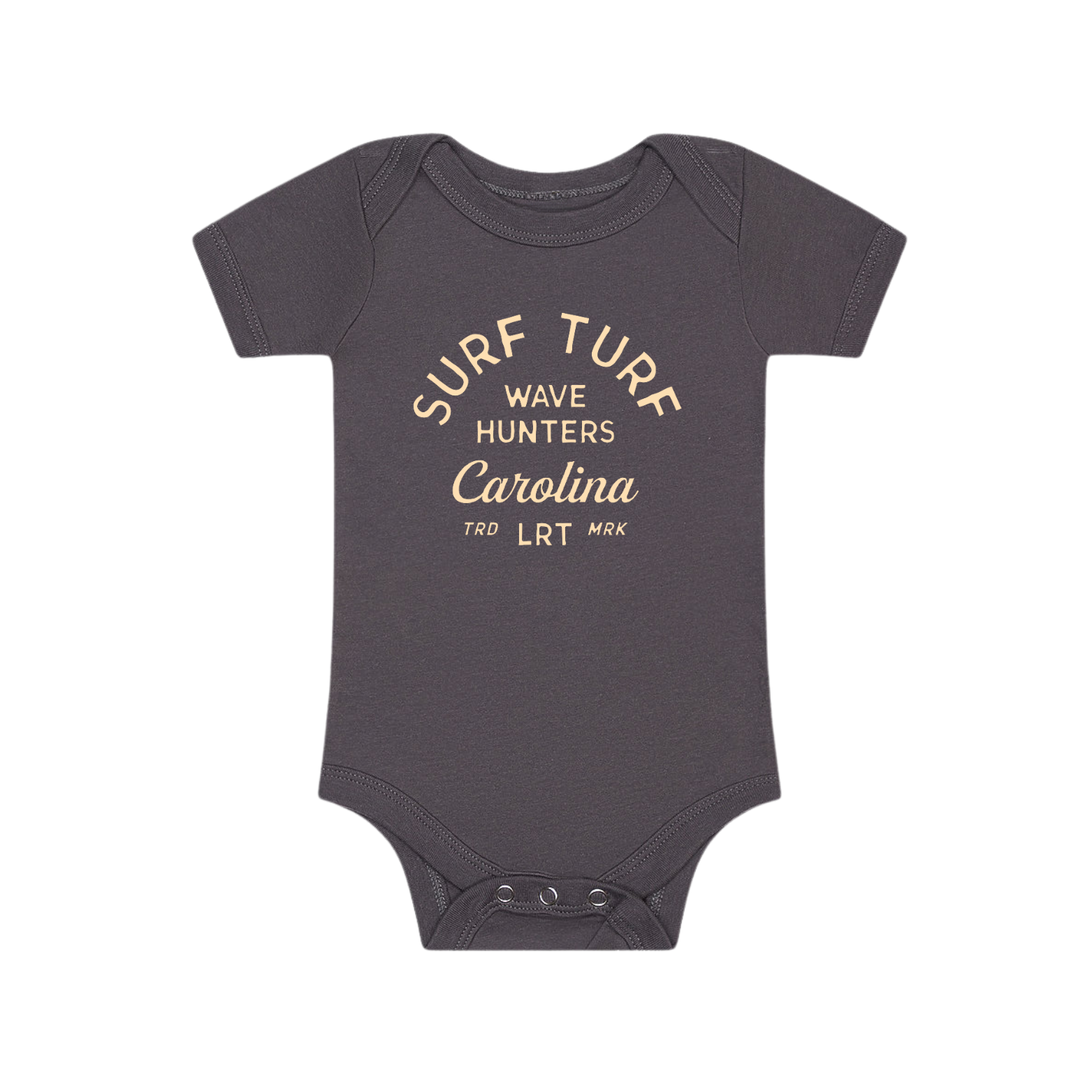 Modern grey Wave Rider Onesie for rad kids with 'Surf Turf' graphic.