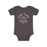 Modern grey Wave Rider Onesie for rad kids with 'Surf Turf' graphic.