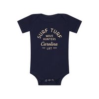 Navy Wave Rider Onesie. Modern rad kids clothes by Ocean Cubs Wear.
