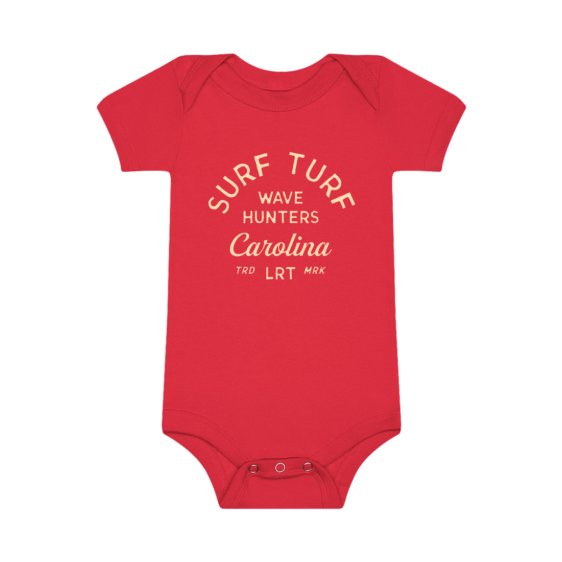 Close-up of the red Wave Hunter Onesie, showcasing the 'Surf Turf' graphic and soft cotton fabric.