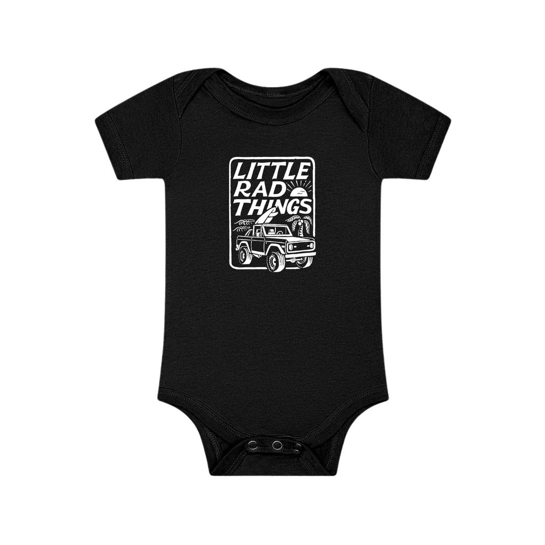 Black Bronco LRT Onesie with 'Little Rad Things' design detail.